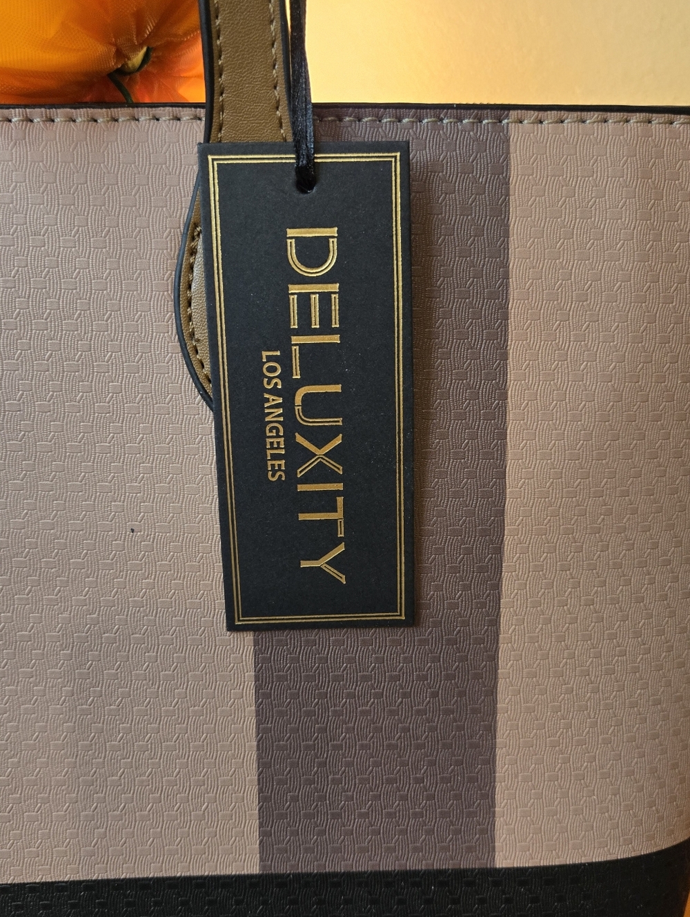 Deluxity Like New Taupe and Black Stripe Tote Bag with Gold Emblem - Picture 6 of 11